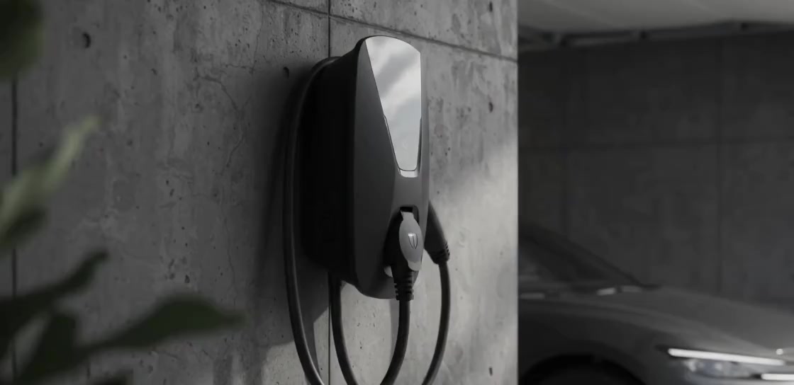 Wall-mounted EV charger in a contemporary garage